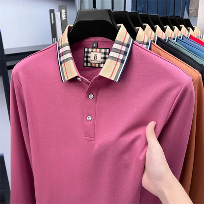 Men's Plaid Long Sleeve Polo Shirt Autumn Winter Casual Office Outdoor Fashion Top Commercial Collar Trendy Men's Clothing