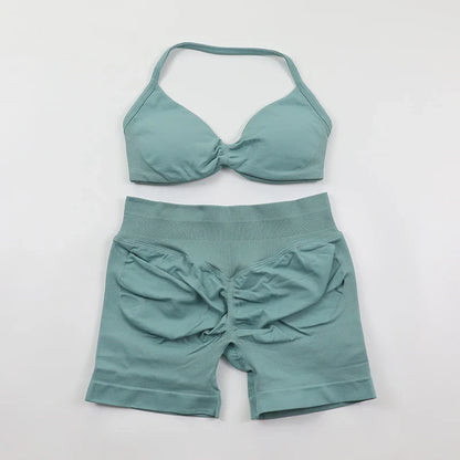 Scrunch Seamless Yoga Set Women Sportswear Ribbed Gym Shorts Strappy Sports Bra 2 Piece Set Halter Workout Clothes Fitness Suit