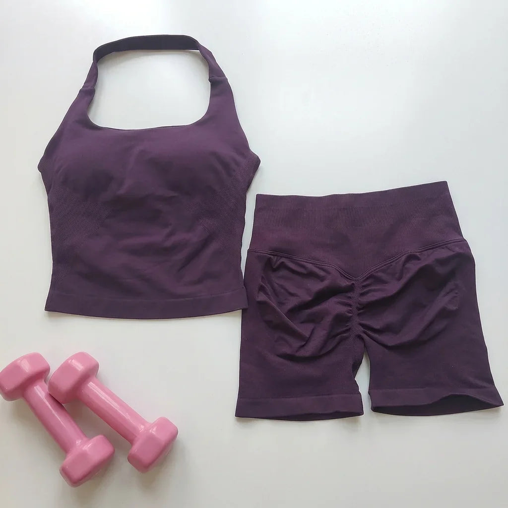 Sexy Halter Neck Beautiful Back High Waist Peach Sports Bras Shorts Suit Pilates Gathering Yoga Vest Training Fitness Bra Sets