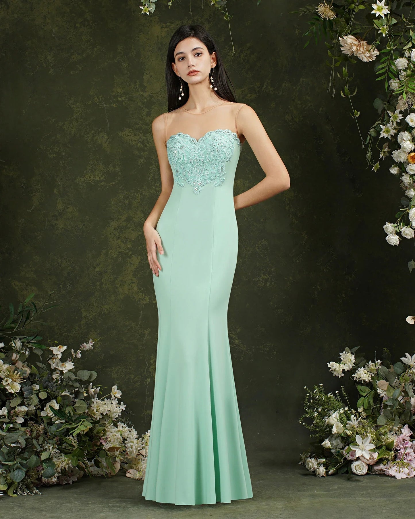 Women Mermaid Evening Dresses Mint Green Gold Appliqués Beads Sweetheart Illusion Backless Maxi Gowns Vestido de Festa