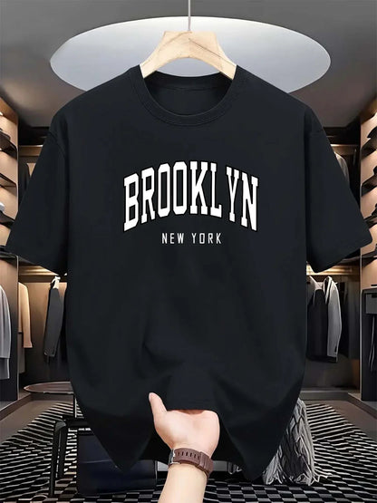Men's Summer 100% Cotton Fashionable Casual Loose Brooklyn New York Printed Sports Round Neck Short Sleeved T-shirt Top