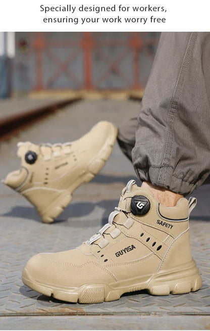 Men's Steel Head Work Shoes Anti Smash and Anti stab Khaki High Top Intelligent Buckle Simple Fashion Industrial Style Pr