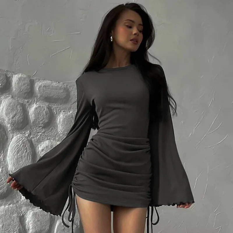 Women Mini Dress Flare Long Sleeve Drawstring Pleated Bodycon Casual Solid