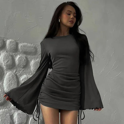 Women Mini Dress Flare Long Sleeve Drawstring Pleated Bodycon Casual Solid