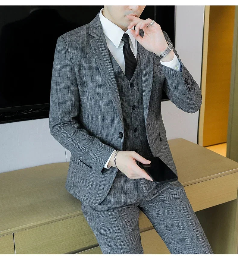 Hemp (blazer+Vest+Pants) Fashion Business Leisure Hosts Slim-fit Cotton Hemp Gentleman Wedding Work Wedding Suits for Men M-5XL
