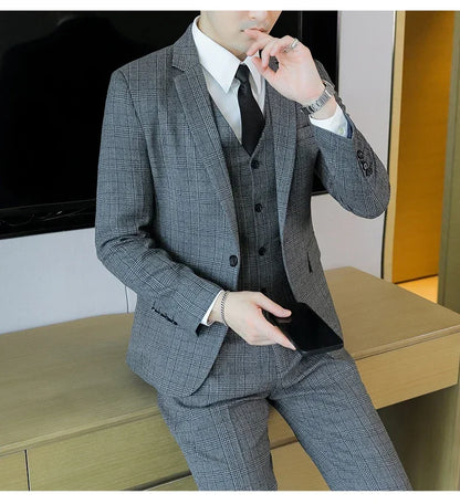 Hemp (blazer+Vest+Pants) Fashion Business Leisure Hosts Slim-fit Cotton Hemp Gentleman Wedding Work Wedding Suits for Men M-5XL