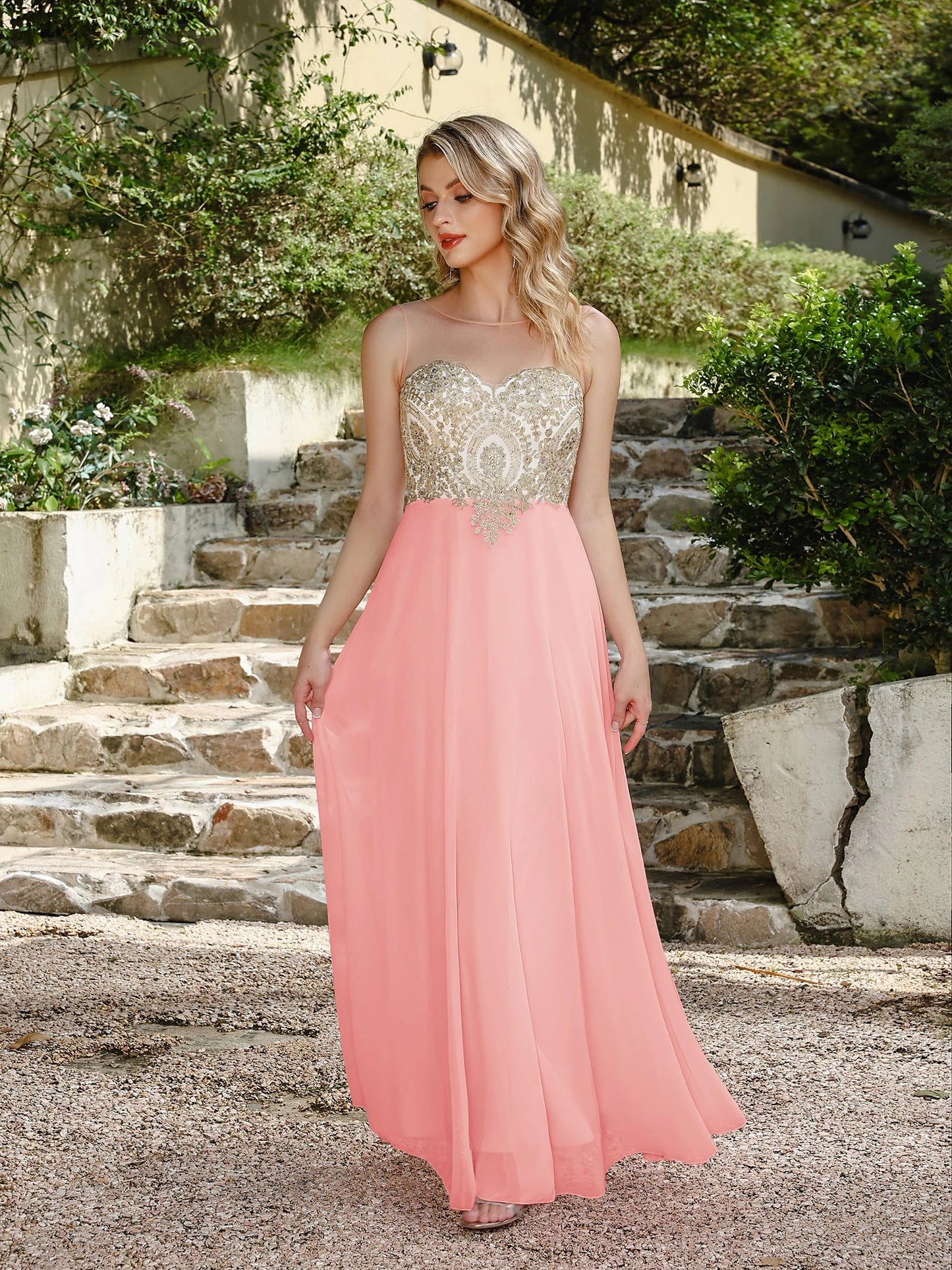 Elegant Sweetheart Prom Dress with Gold Embroidered Bodice & Flowing Chiffon Skirt for Homecoming & Formal Events