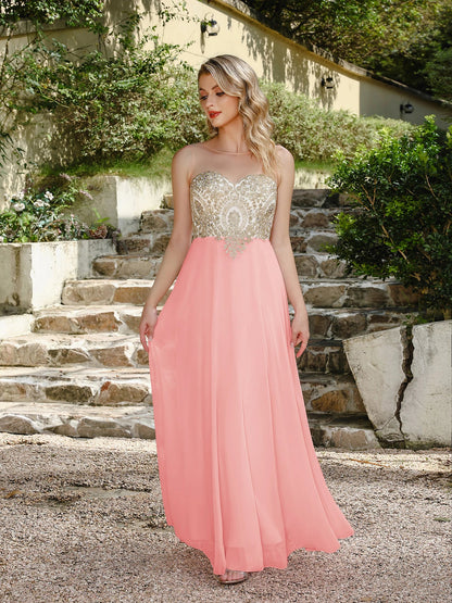 Elegant Sweetheart Prom Dress with Gold Embroidered Bodice & Flowing Chiffon Skirt for Homecoming & Formal Events