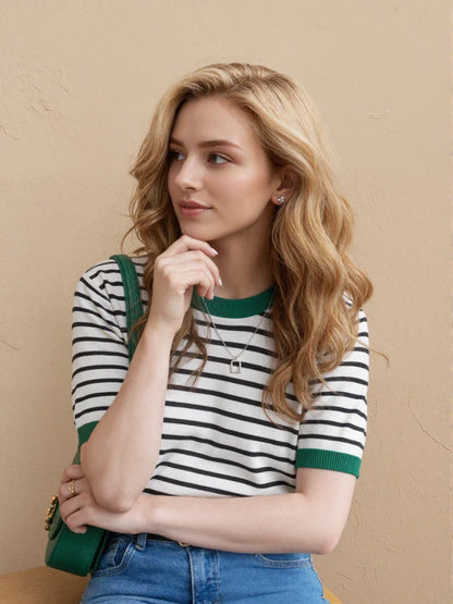 Fashion Stripe Knitted Round Collar Tees 2026 Summer Women Tops Print Short Sleeve Casual Simple Versatile Women T-Shirt