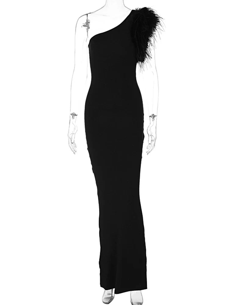 Black Sleeveless One Shoulder Maxi Dress For Women Bodycon Sexy Party Elegant Long Dress Birthday Evening Outfit