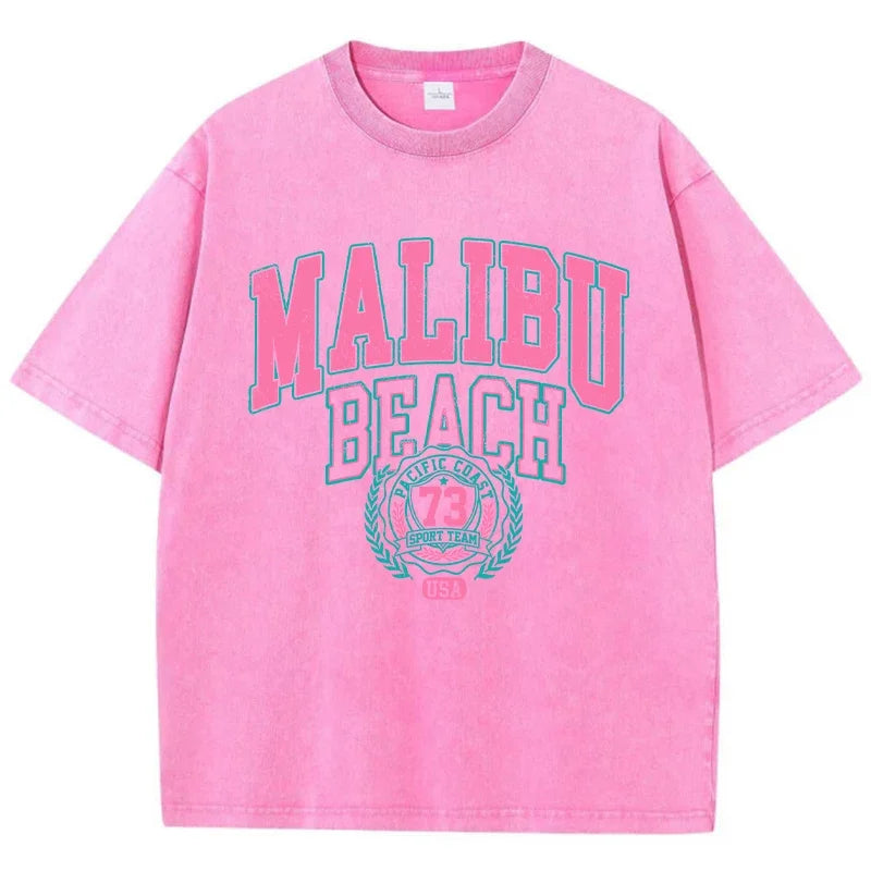 Beach Washed T-Shirt Women Letter Printing Cotton T Shirt Comfortable Crewneck Tops Casual Oversized Tees Female Clothes