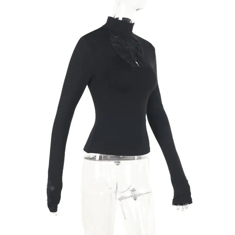 Blusa Gola Alta Y2k Roupa Gótica Preta Cruz Vazada Blusa Fina Camisa Base Feminina Manga Comprida Camiseta Sexy Blusas para Meninas