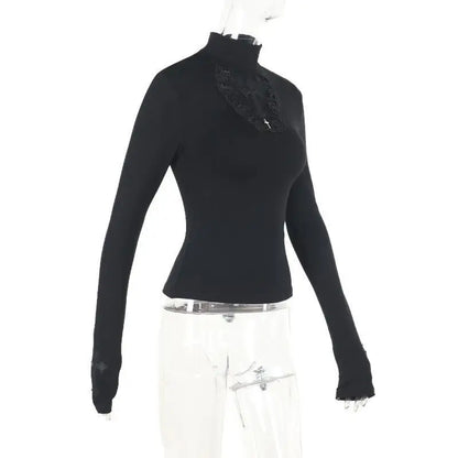 Blusa Gola Alta Y2k Roupa Gótica Preta Cruz Vazada Blusa Fina Camisa Base Feminina Manga Comprida Camiseta Sexy Blusas para Meninas