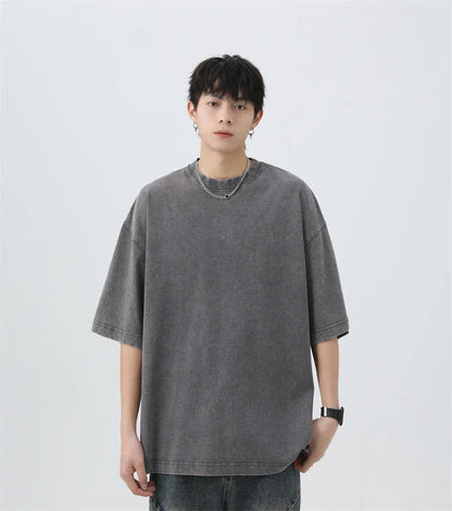 Japanese Korean Style Stir Fried Snowflake Washed T-Shirts Men Women Cotton Heavyweight Summer Hip Hop Streetwears Short Sleeved