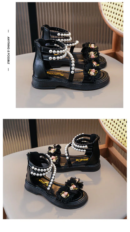 Children's Sandals for Girls Elegant Sandals Pearl Beading Sweet Princess Dress Shoes Kids High-top Roman Sandals Back Zipper