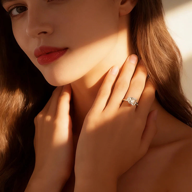 Pear Emerald Cut Moissanite Ring Engagement Rings for Women Two Stone 925 Sterling Silver with Gold Plated Wedding Band