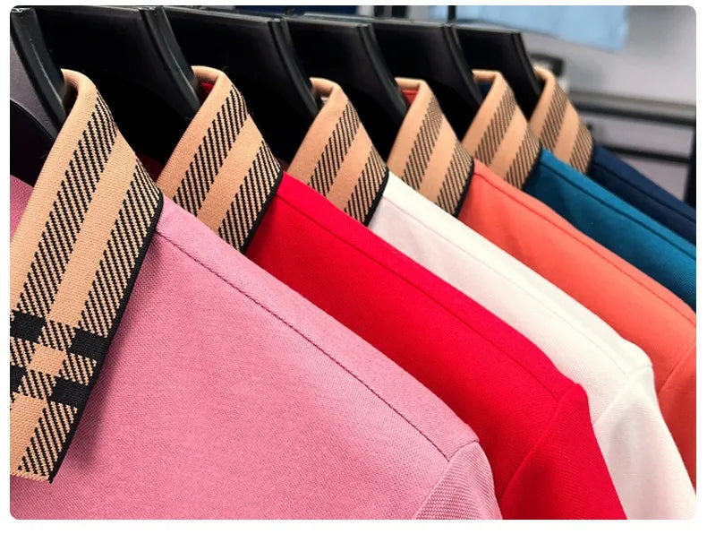 Fashion brand plaid lapel short sleeve polo shirt men summer new style simple solid color high-end business casual golf T-shirt