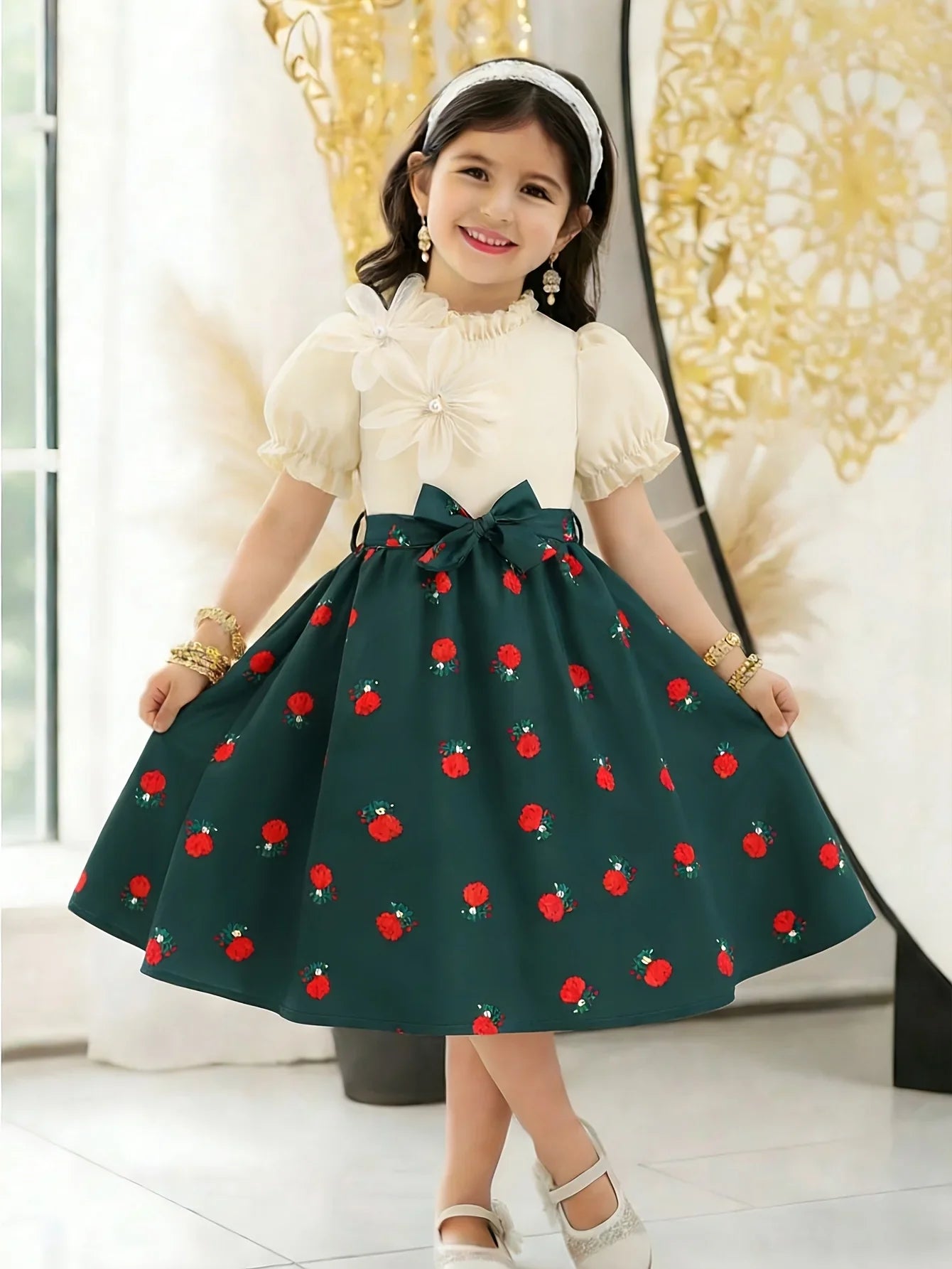 Elegant dress for girls, three-dimensional floral lace collar, retro rose print waist cinching dress (with a belt included)