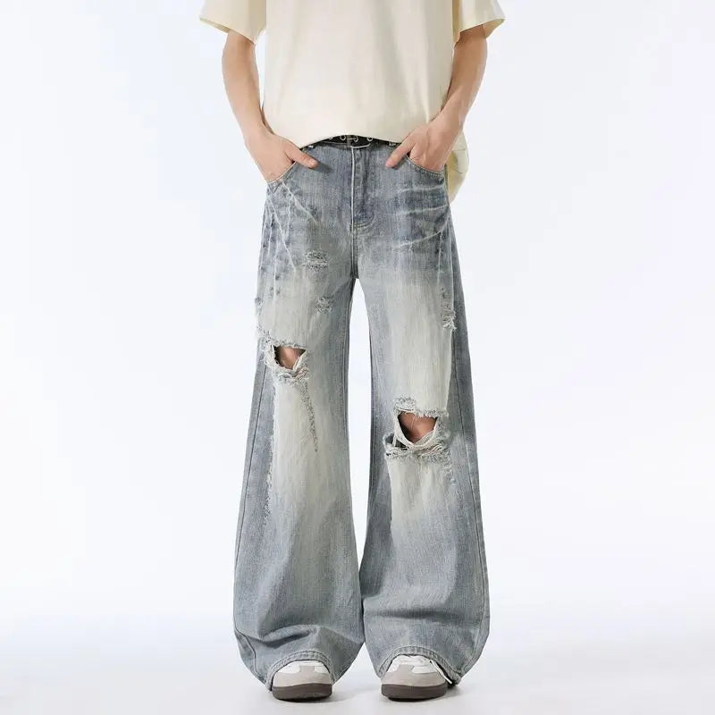 Male Ripped Pants Stretch Solid Blue Casual Men's Wide Leg Trousers Office Work Denim Pants Autumn Korean Vintage Straight Pants