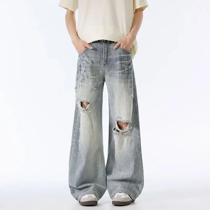 Male Ripped Pants Stretch Solid Blue Casual Men's Wide Leg Trousers Office Work Denim Pants Autumn Korean Vintage Straight Pants