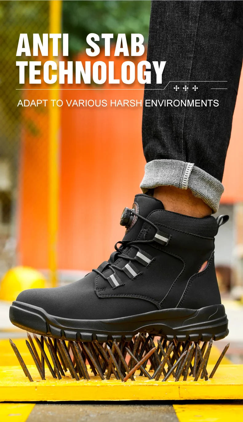 Leather Non Slip Work Boots for Men Rotating Button Safety Shoes Steel Toe Sneaker Male Puncture Proof Protective Boots