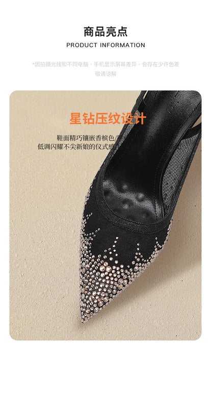 New summer black mesh rhinestone high heels for women, slim heels, shallow toe, sexy sandals with a single buckle strap