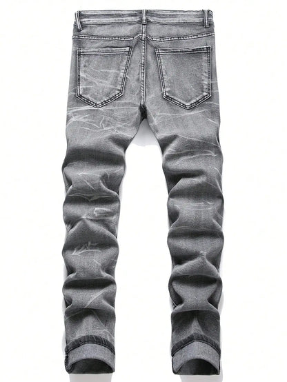 Calça Jeans Masculina Elástica Streetwear Rasgada Patchwork com Furos Calça Casual com Elástico na Cintura Jeans Destruído Slim Reta