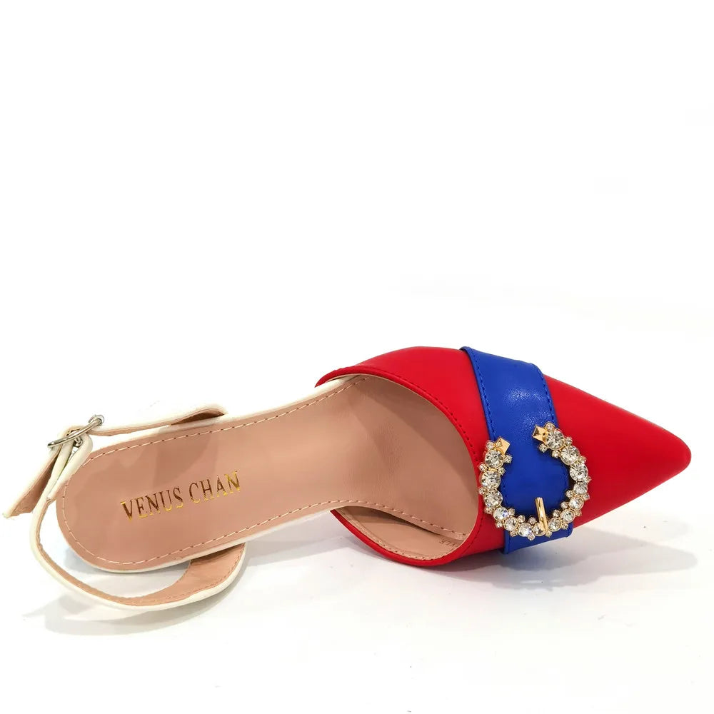 Italian Design Leather Colorblock Pointed Toe High Heel Women's Sandals Fashion Everyday Matching Shoes and Bag Sets