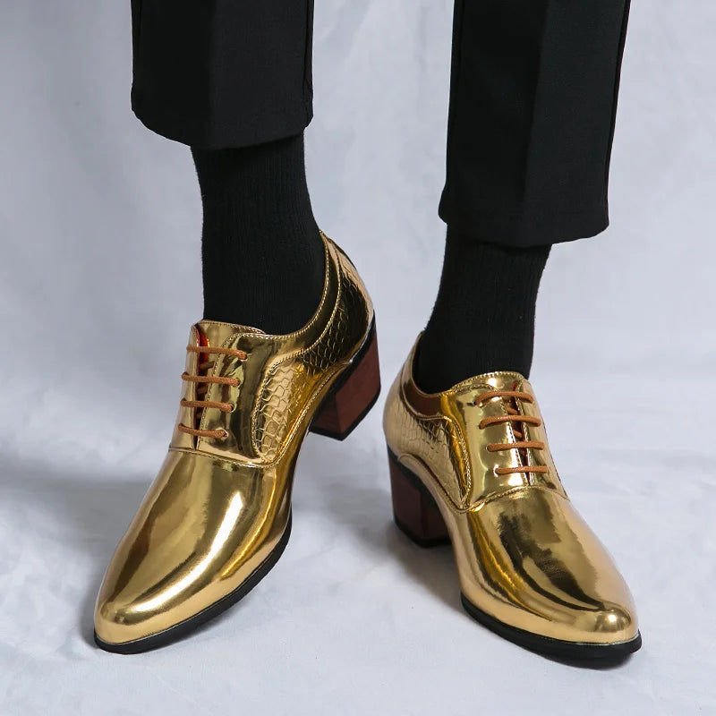 New 2025 Luxury Gold Men High Heel Leather Shoes Moccasins Designer Pointed Dress Shoes Men Wedding Formal Shoes Big Size 46