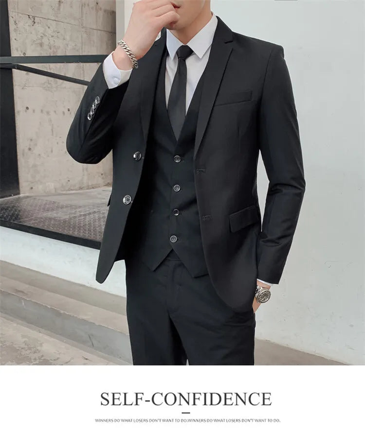 Solid Color Suit Men's Fashionable Gentleman Business Banquet Korean-style Formal Dress Casual Wedding (Blazer+Vest+Trousers)