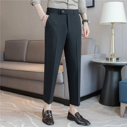 Stretch Solid Color Men's Trousers, Suitable for Business Casual, Parties, Formal Events, and Ankle-length Slim Pants.28-40