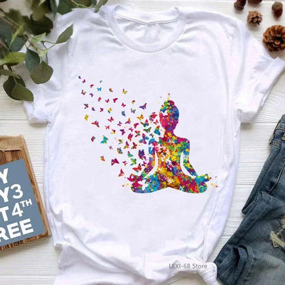Yoga Print Tshirt Women Bird Om Aum Jade Buddha Meditation Tie Die T Shirt Femme T-Shirt Tops
