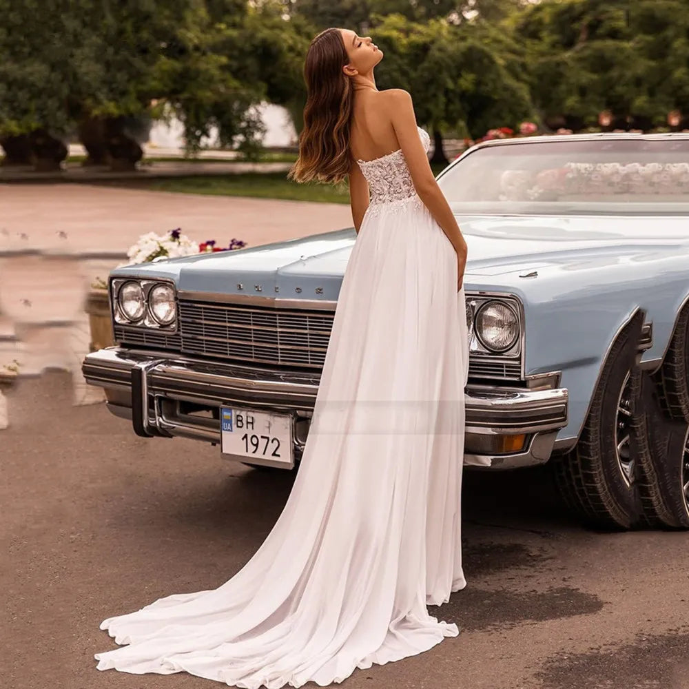 Beach Sweetheart  Wedding Dress Srapless Slit Chiffon Sexy Backless Lace Applique Bridal Gown Train Vestido De Noiva Customized