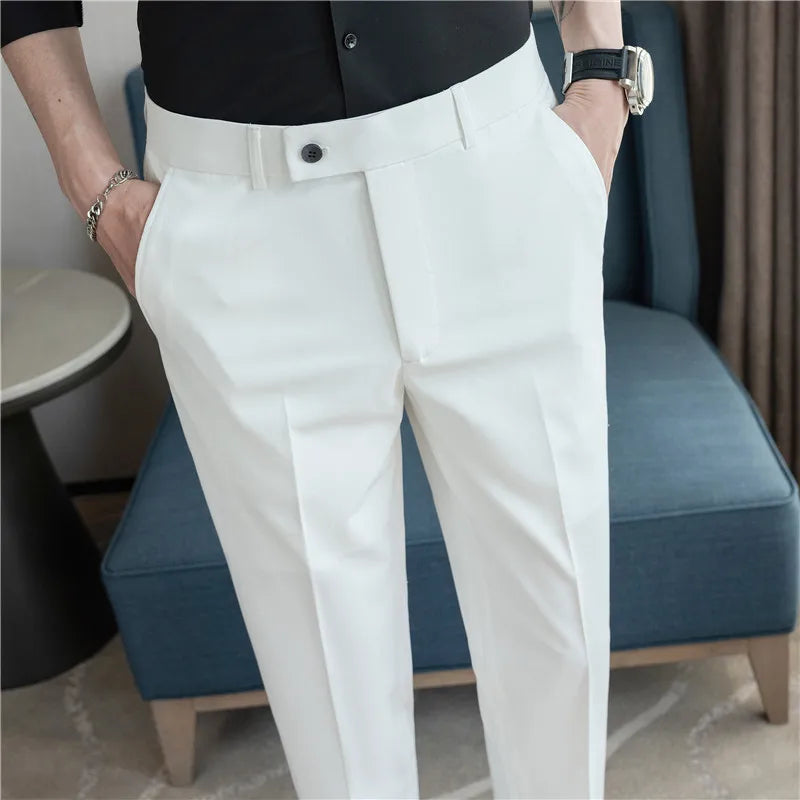 Stretch Solid Color Men's Trousers, Suitable for Business Casual, Parties, Formal Events, and Ankle-length Slim Pants.28-40