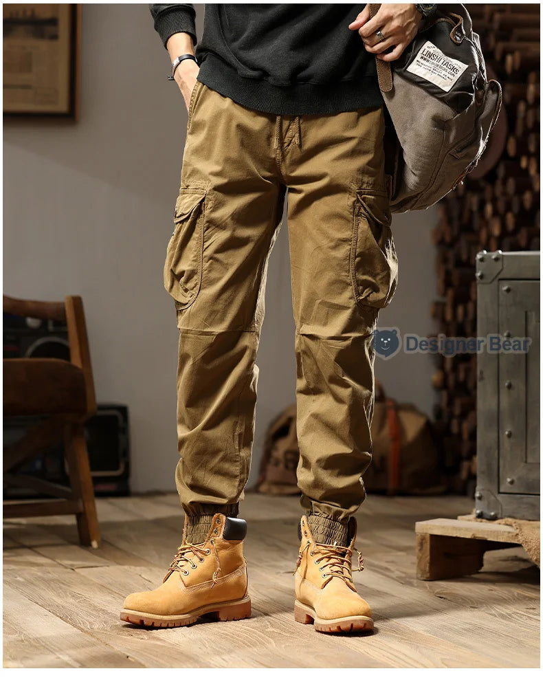 Brand Clothing 2026 Spring Summer Men's Baggy Cargo Pants Multi-Pocket Work Joggers Casual Cotton Tapered Trousers Long Pants