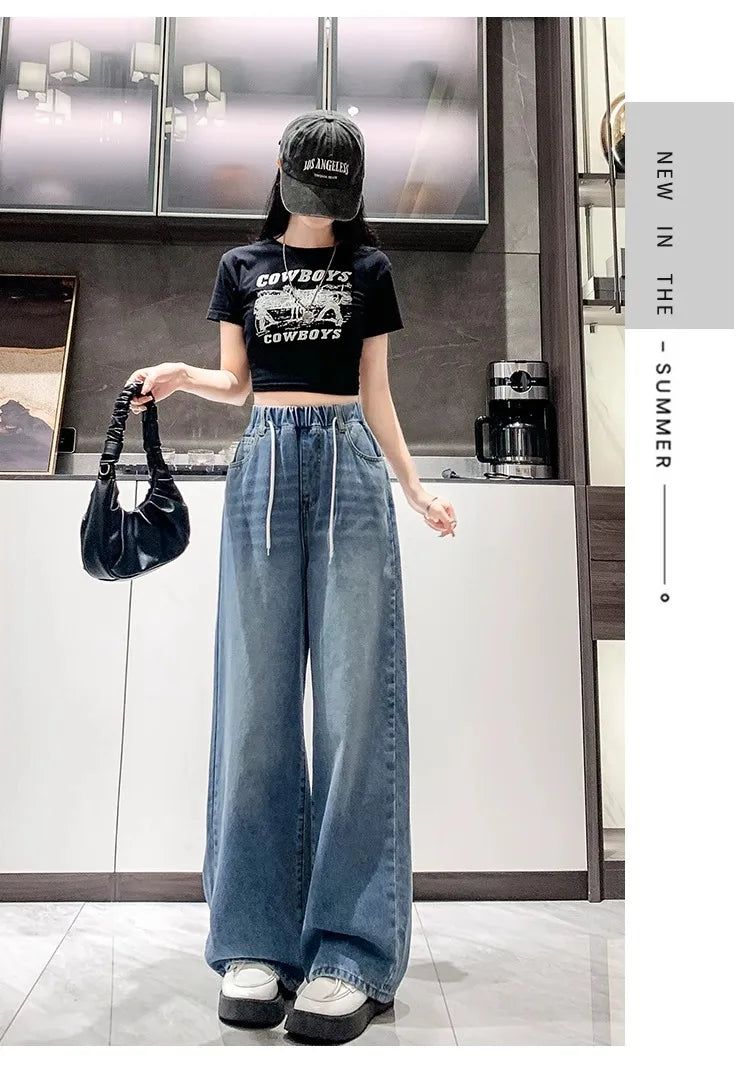 Calça Jeans Feminina Plus Size Folgada Cintura Alta Perna Larga Azul Claro Elástico na Cintura Cordão Calças Outono Moda Plus Size