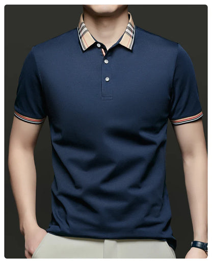 Fashion brand luxury short sleeve polo shirt men summer quality silky cotton breathable business casual striped collar T-shirt