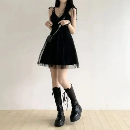 Y2k Black Mesh Women's Ball Gown Dresses 2025 New Sleeveless Strapless V-neck Party Sexy Mini Dress for Womens