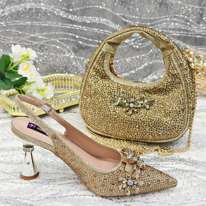 Pointed Toe High Heels Shoes and Bags Set With Rhinestone for Women Wedding Party Elegant Luxury Fashion in Sky Blue