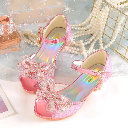 Summer Girls Sandals With Heel Fashion Rhinestone Shiny Glitter Shoes Children Princess Bowtie Pearl Dancing Shoes H876