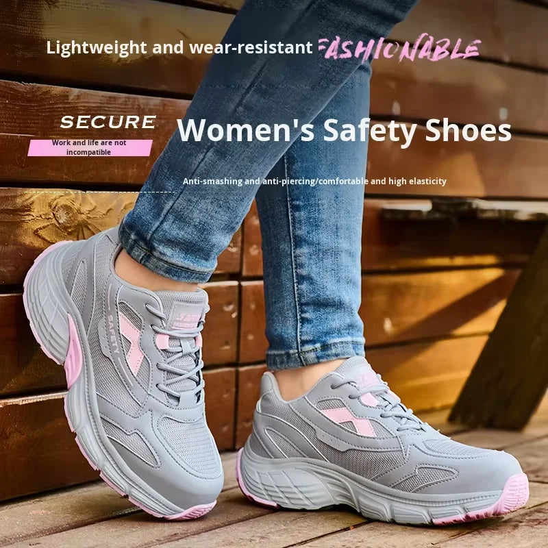 Women‘s Safety Shoes Anti-Smash Anti-Puncture Lightweight Fashionable Grey Pink Color Comfort Fit Daily Wear Protective