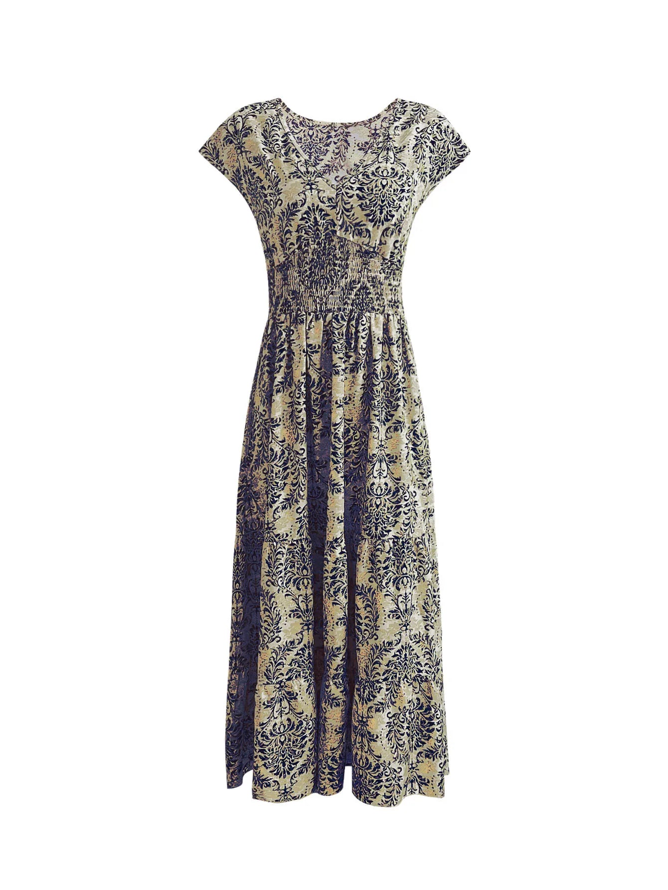 2025 vintage printed dress fashionable and elegant V-neck short sleeved jumpsuit long skirt women's clothing