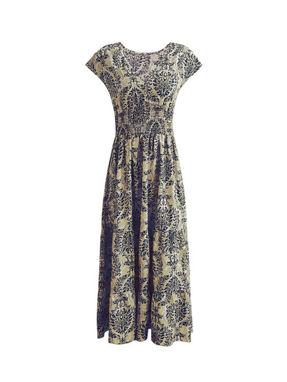 2025 vintage printed dress fashionable and elegant V-neck short sleeved jumpsuit long skirt women's clothing