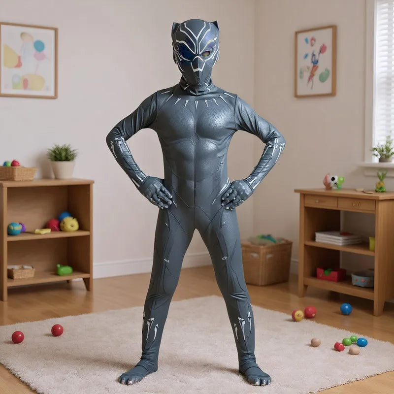 Kids Black Panther Jumpsuit with Halloween Mask Superhero Costume for Boys Girls Soft Breathable Fabric Party Dress Up Cosplay