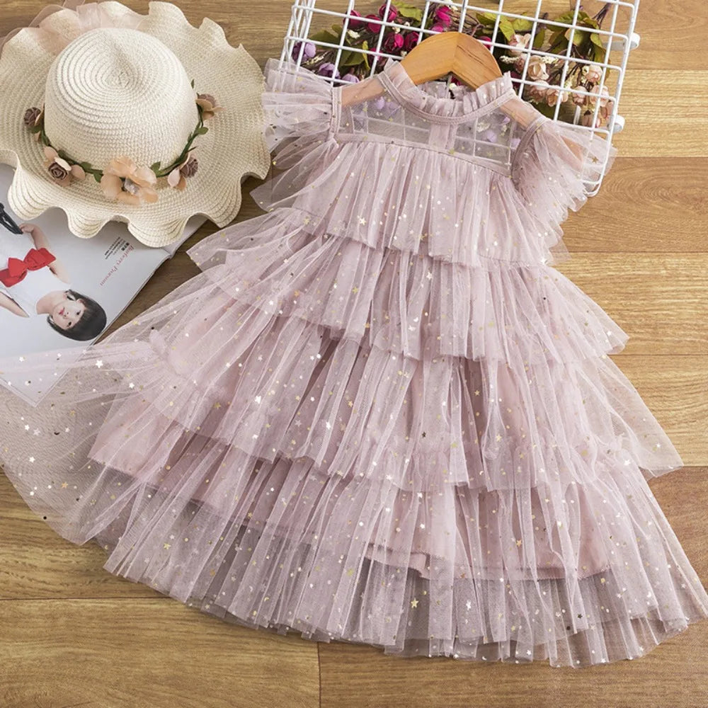 Summer Sweet and Cute Children's Clothing Sequin Decoration Mesh Cake Dress Birthday Party Girls' Dress New Year