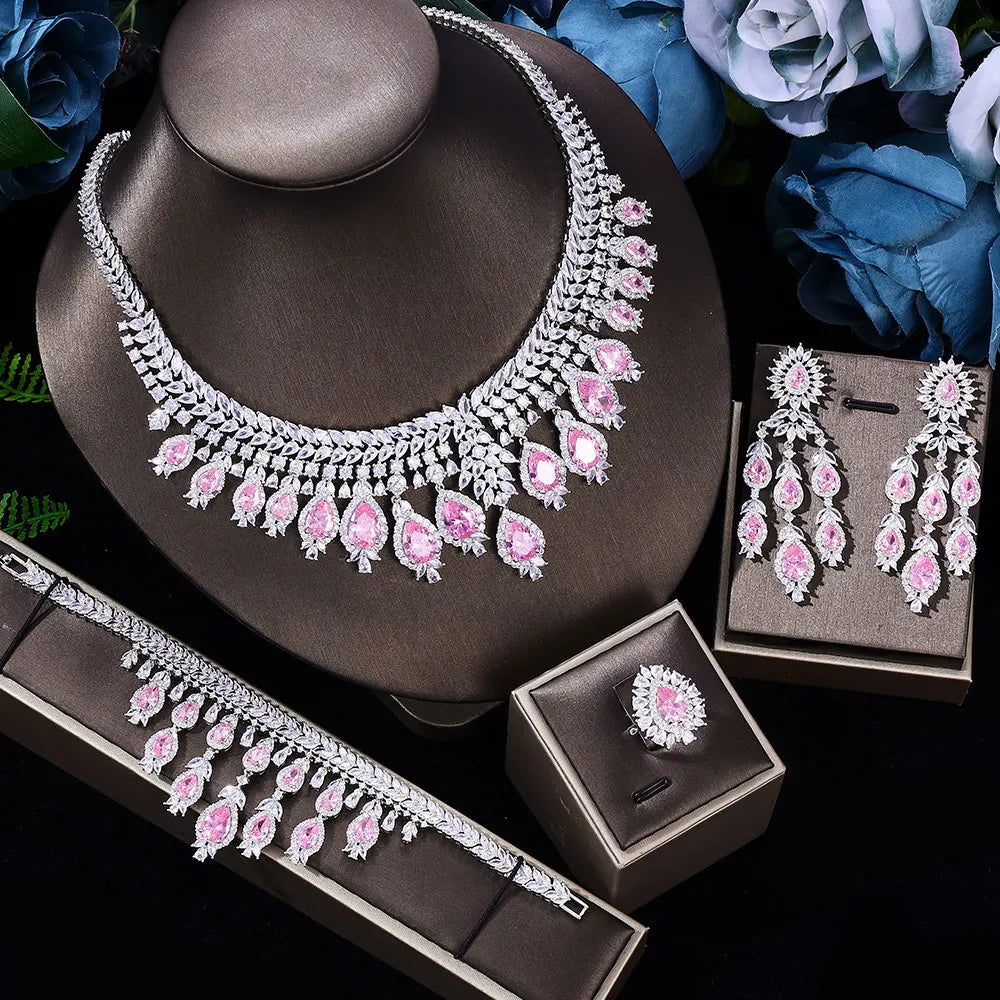 Luxury Elegant 4 PCS Necklace Earrings Bracelet Ring for Noble Luxury Women Bridal Wedding Party Show Jewelry Sets