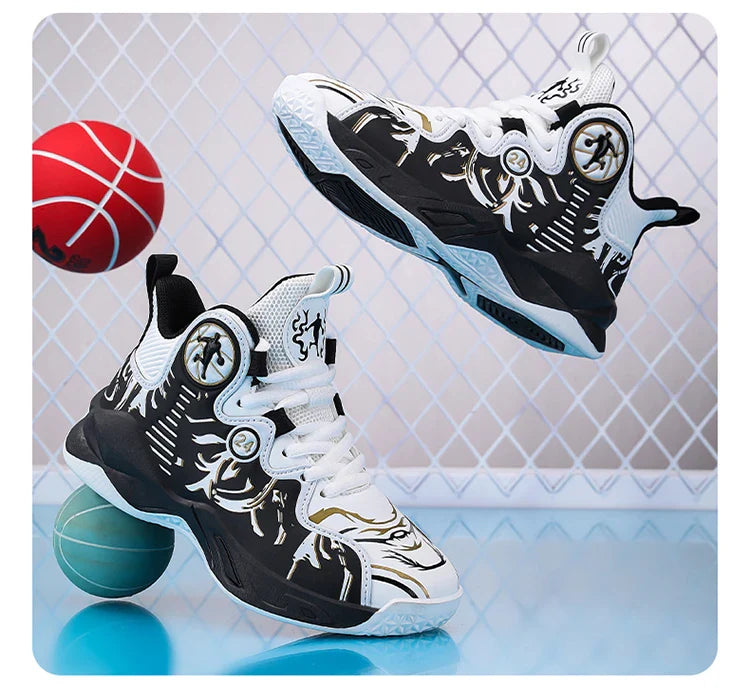 A pair of children's four-season high-top leather basketball shoes, wear-resistant and soft sneakers, sizes 31-37，YY-Y2876