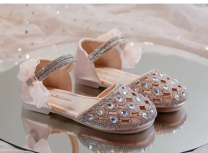 Girls Sandals Shiny Crystal Ins Trendy 2026 Summer New Kids Princess Shoes Mesh Lace Bows Girls Dance Shoes Elegant Hollowed-out