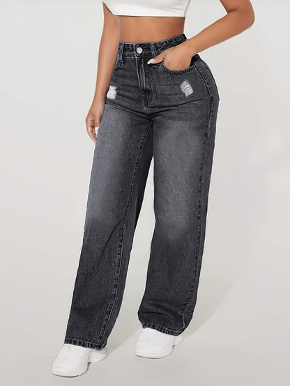 Loose Fit Elastic Fashionable Wide Leg Jeans, Blue Distressed Loose Wide Leg Jeans