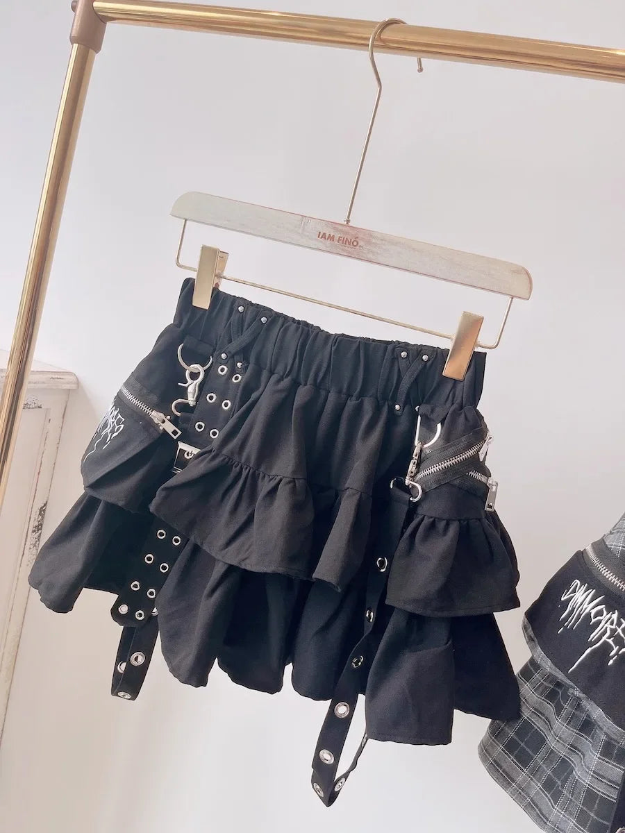 Japanese Style Mine Harajuku Punk Metal Buckle with Packet Decorative Ruffled Short Skirt Sweet Cool Girl Women's Plaid Skirt